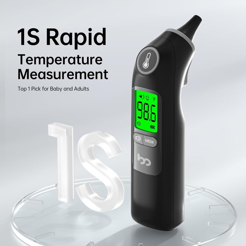 Femometer Ear Thermometer, Highly Accurate Ear Thermometer for Kids, Adults and Babies, 30 Memory Recall, 1s Result and 3-Color Fever Alert, with 24 Disposable Probe Covers, Black - Image 5